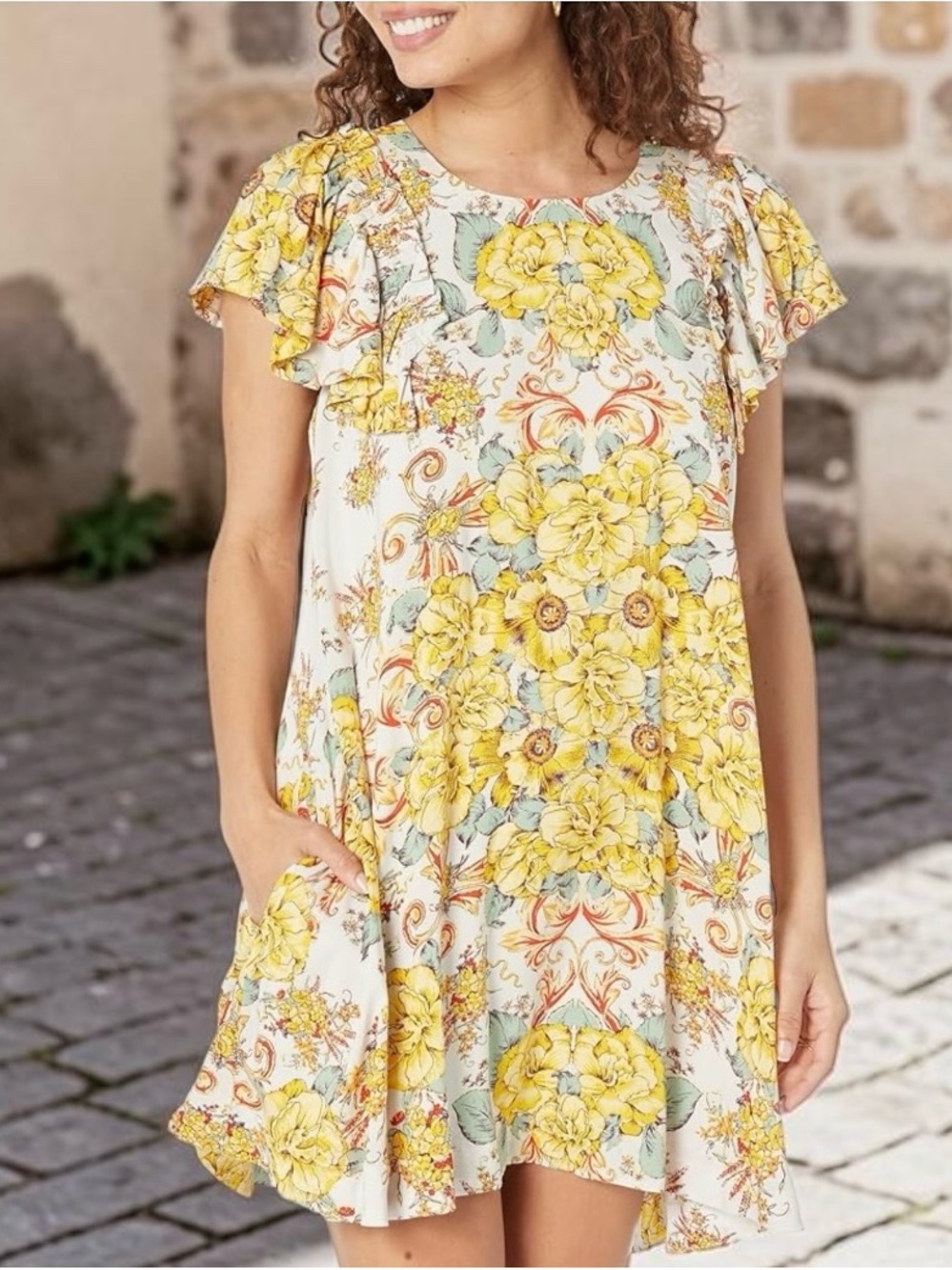Free People Yara Printed Mini Dress Tea Combo Yellow Floral Boho NWT Size Medium